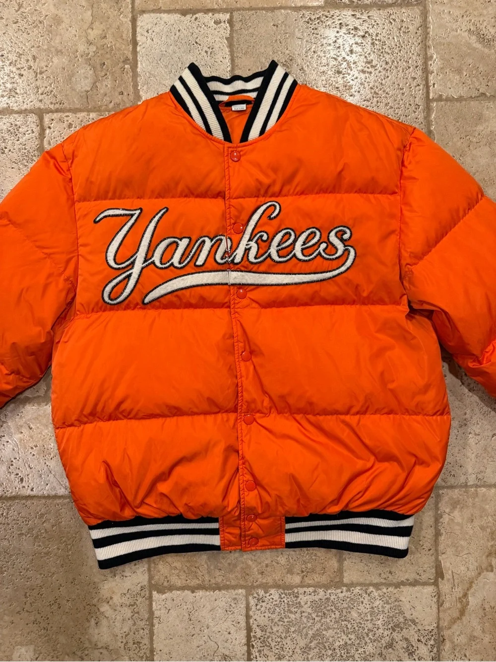 Gucci x MLB New York Yankees Orange Puffer Padded Bomber Jacket